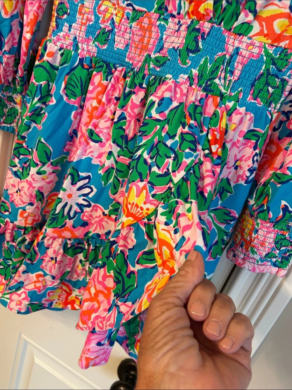 Lilly Pulitzer Peggy Pink Rose and Teal Floral Long Sleeve Romper Sz M - Picture 5 of 9